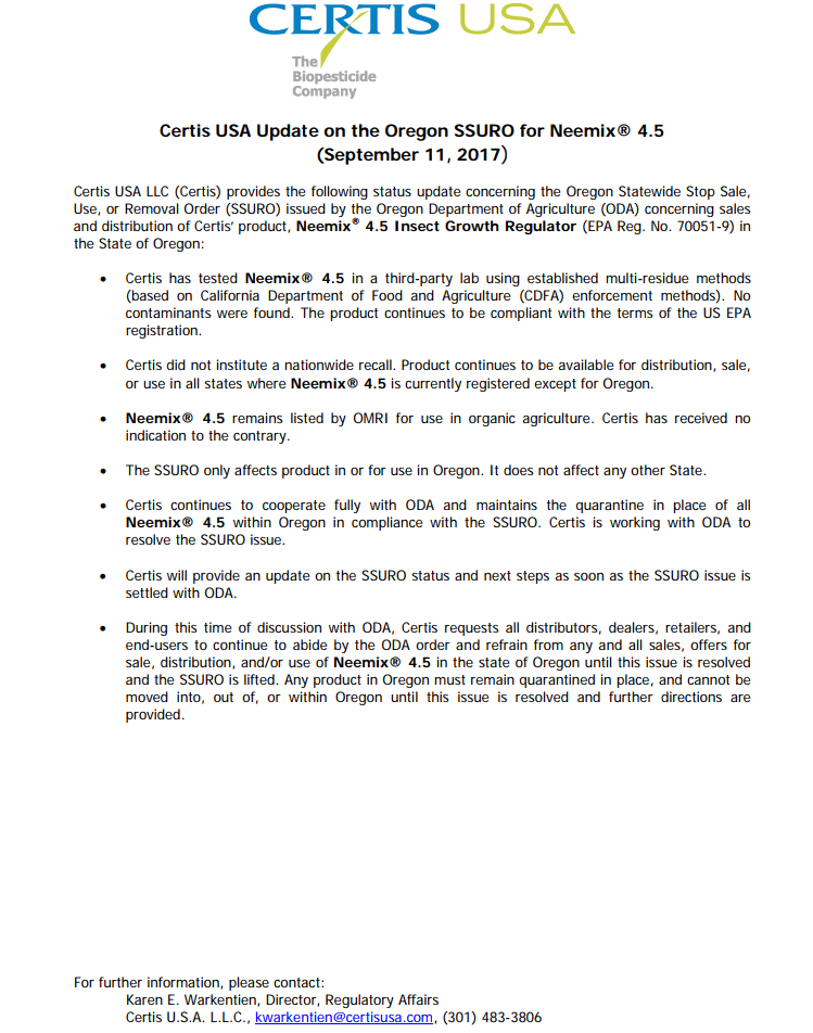 Information about contamination of organic insecticide products containing azadirachtin