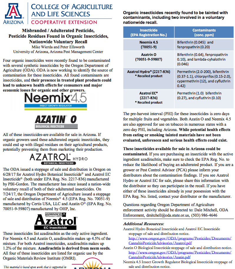 Information about contamination of organic insecticide products containing azadirachtin