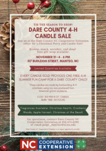 Join us at the Dare County NC Cooperative Extension office for a Christmas Party and Candle Sale! Browse, snack, socialize, and shop! Free gift wrap available!