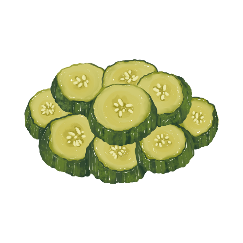 An illustrated pile of pickles.